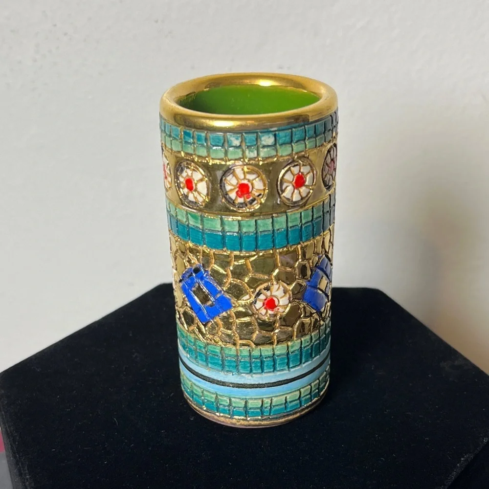 Ceramiche D’Arte Mario Sambuco Italy Miniature Mosaic Hand Painted Cylinder Vase